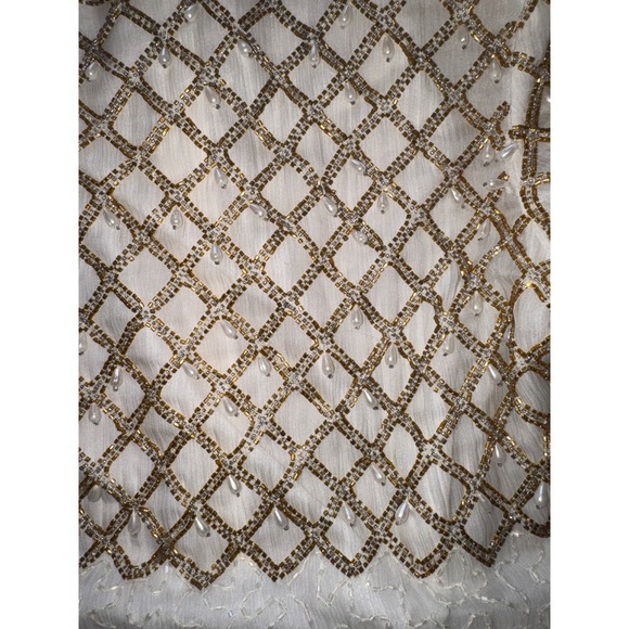 Laurence Kazar Beaded Pearl Sequin Cocktail Dress Ivory Short Sleeve Evening M - Picture 4 of 7